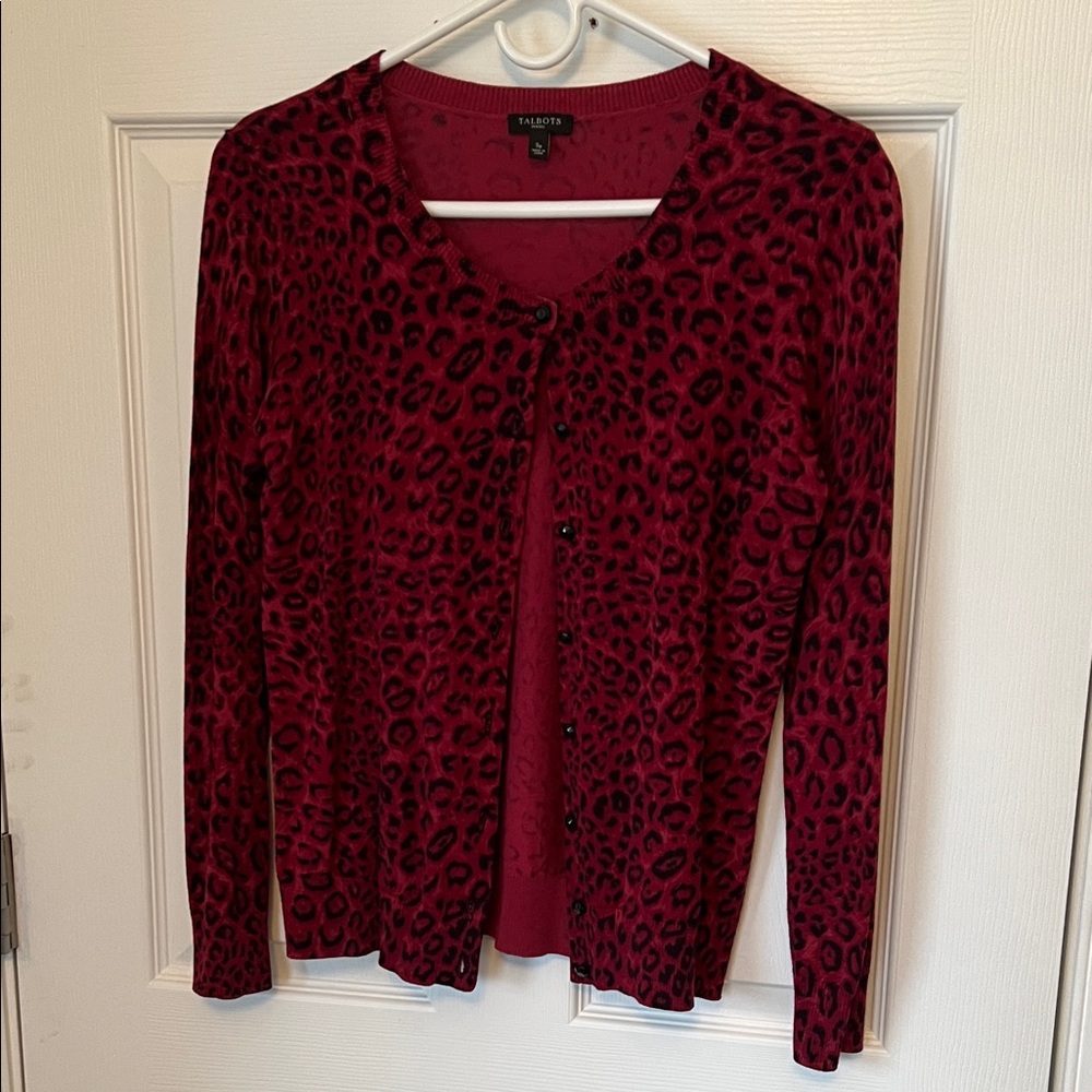 Talbots Burgundy Animal Print Cardigan